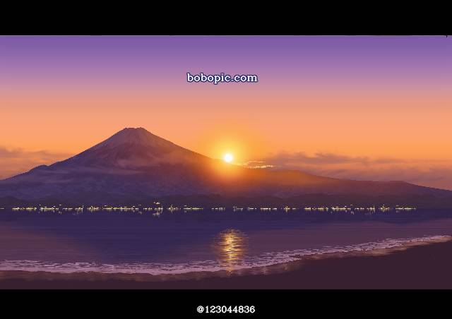 一张富士山,空,风景,云,幻想的,夕阳绘画图片
