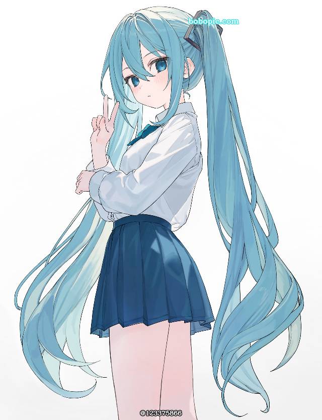 一张V字手势,双马尾,Miku,小女孩,长发,初音未来,制服绘画图片
