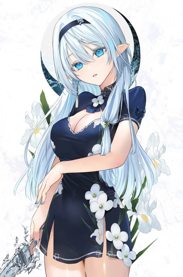 大腿, 精灵, 银色长发, 精灵耳, 旗袍, 隐约入目的肚脐, cleavage, 美甲