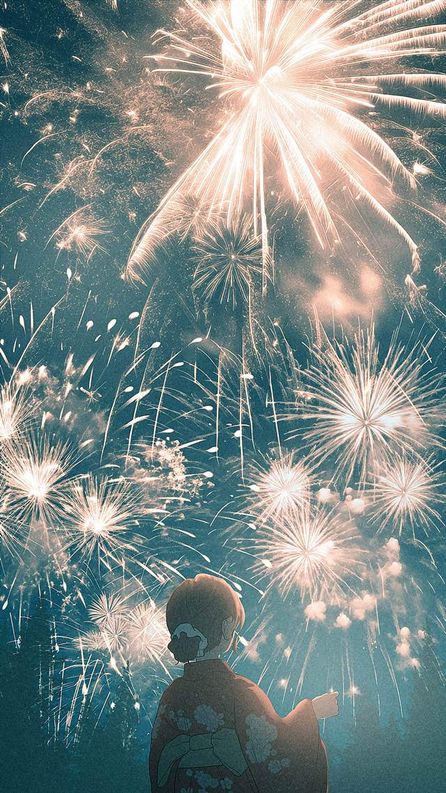 mouse drawing, yukata, young girl, 焰火, 风景, background