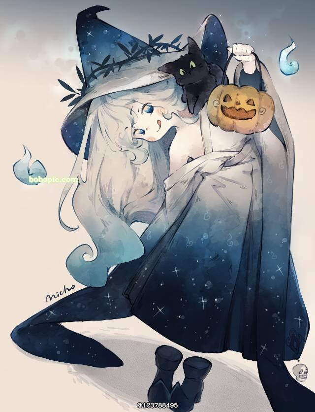 一张HALLOWEEN,万圣节,猫,魔女,原创,黑猫绘画图片