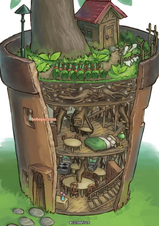 一张原创插图,木,奇幻,风景,家,概念艺术,树绘画图片