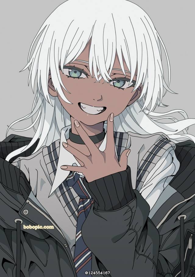 一张闪亮的白牙,褐色白发,项圈,小麦色,小女孩,JK,白发绘画图片