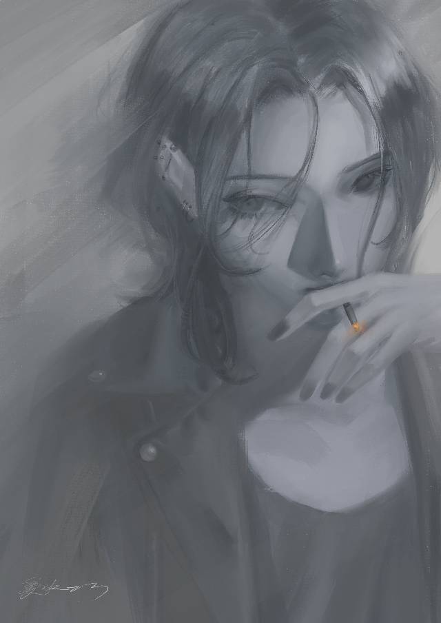 原创, 女孩子, 黑发, 厚涂, tobacco, 黑白, 插画