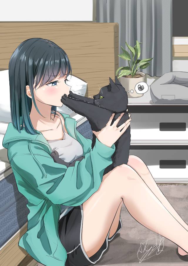 原创, 女孩子, 赤脚, cat and girl, loungewear, 黑发