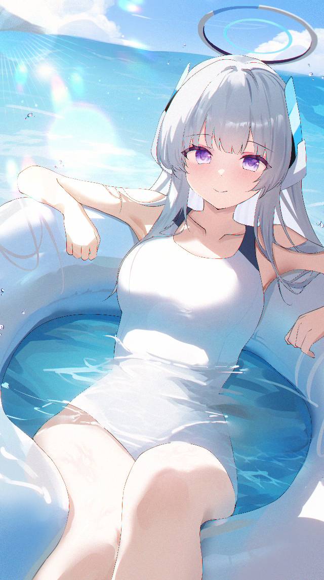 生盐诺亚, 碧蓝档案, 泳装, white swimsuit, purple eyes, 游泳圈, sea, Blue Archive 1000+ users