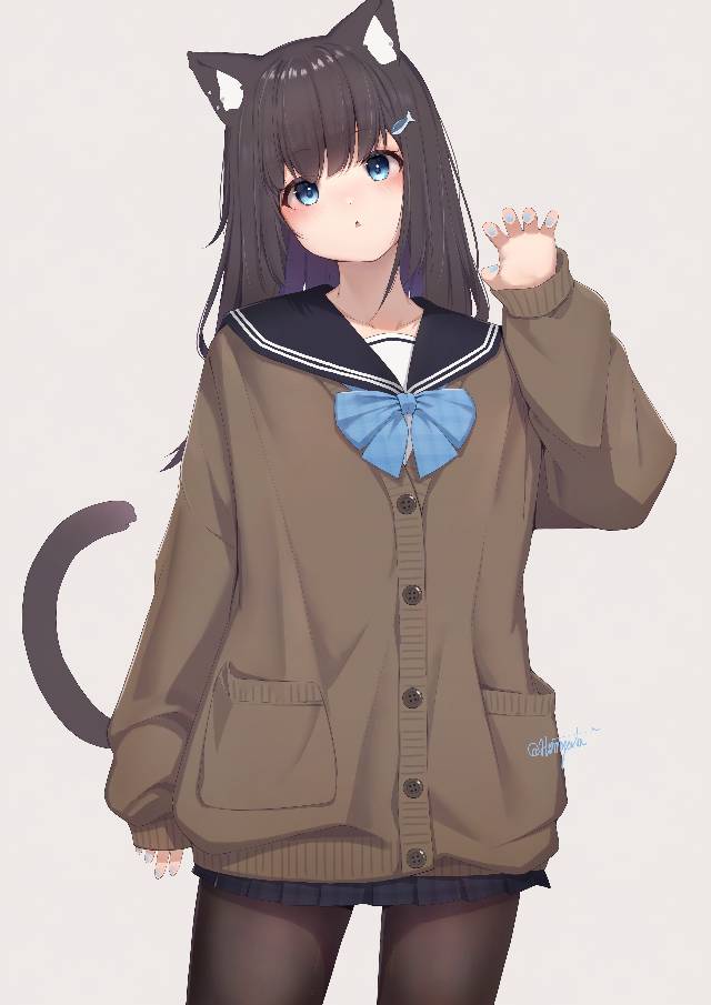 原创, 女孩子, 兽耳, 兽耳, cat ears, uniform, 黑裤袜, 美甲