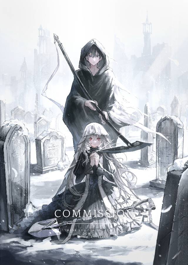 commission, requested illustration, paid request, grim reaper, gravekeeper, snow, grave, 奇幻