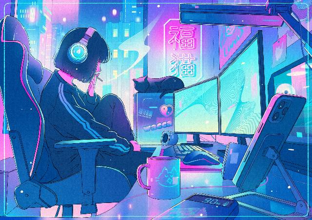 女孩子, bob cut, headphones, 游戏, computer, cat, neon, 赛博朋克, 香烟, 房间