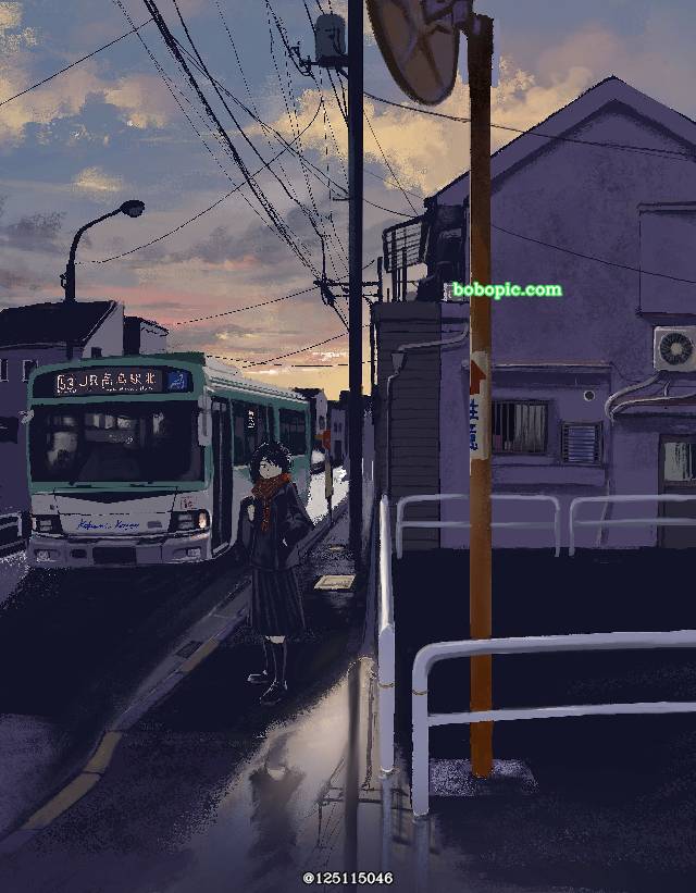 一张风景,小女孩,黄昏,夜景绘画图片