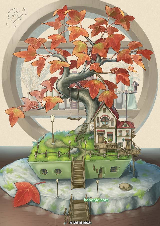 一张红叶,奇幻,植物,风景,概念艺术,自然,和风绘画图片