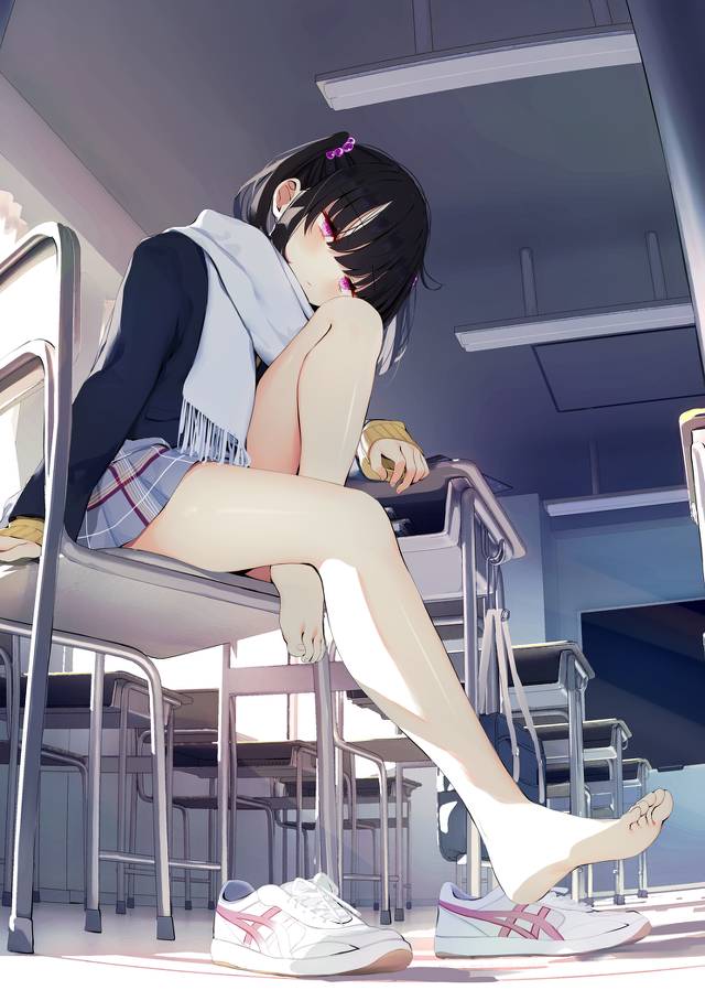 原创, shoes without stockings, 脱鞋, barefoot school uniform, 裸足脚底, 双马尾, classroom, 原创1000users加入书籤