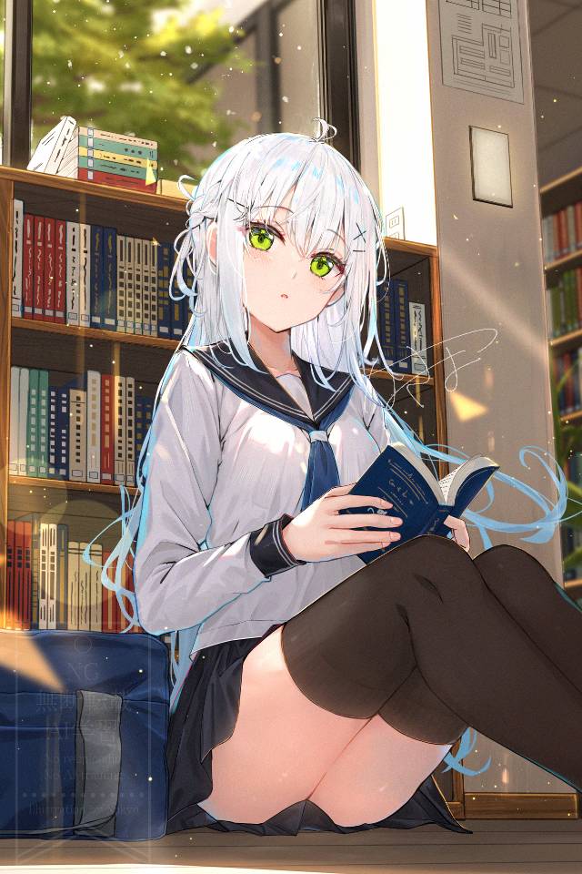 原创, 女孩子, 白发, library, 女校学生, 过膝袜, thighs, 水手服