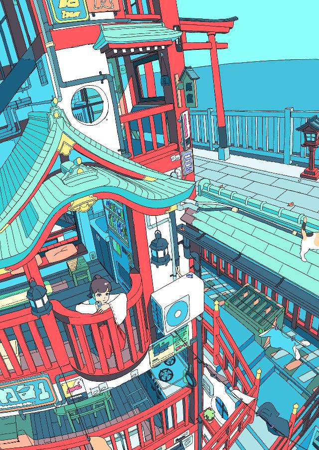 原创, 风景, background, 女孩子, 和风, slice of life, space, signboard, 自动贩卖机, shinto shrine