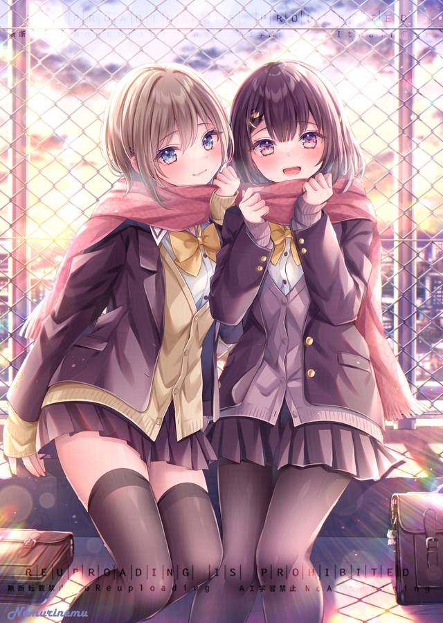 原创, 女孩子, uniform, scarf sharing