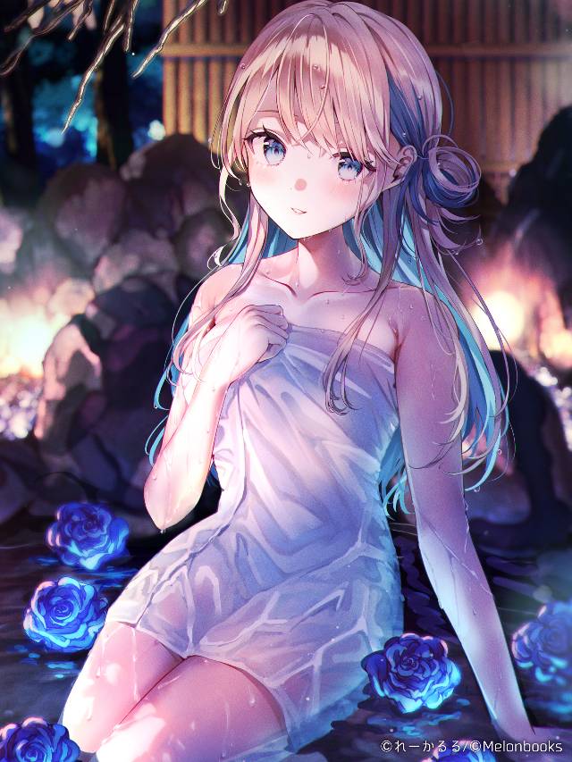 女孩子, 原创, 商业绘图, young girl, open-air bath, onsen, rose