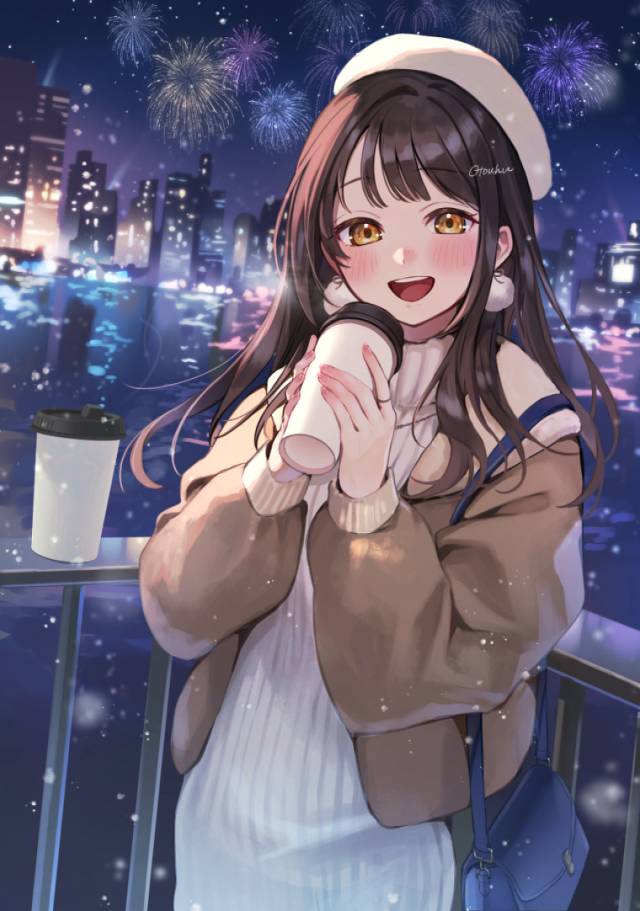 女孩子, winter, snow, night view, 焰火