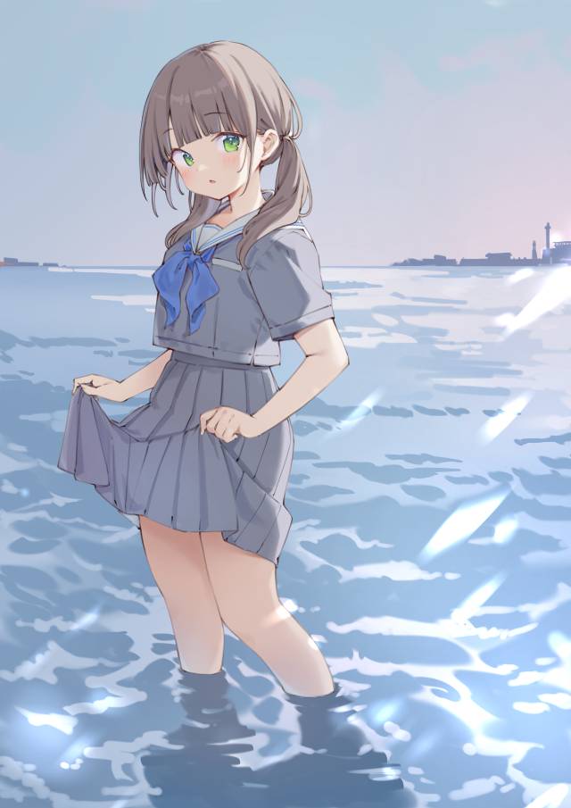 女孩子, 原创, uniform, 水手服, 海边, 辫子, 提起裙摆