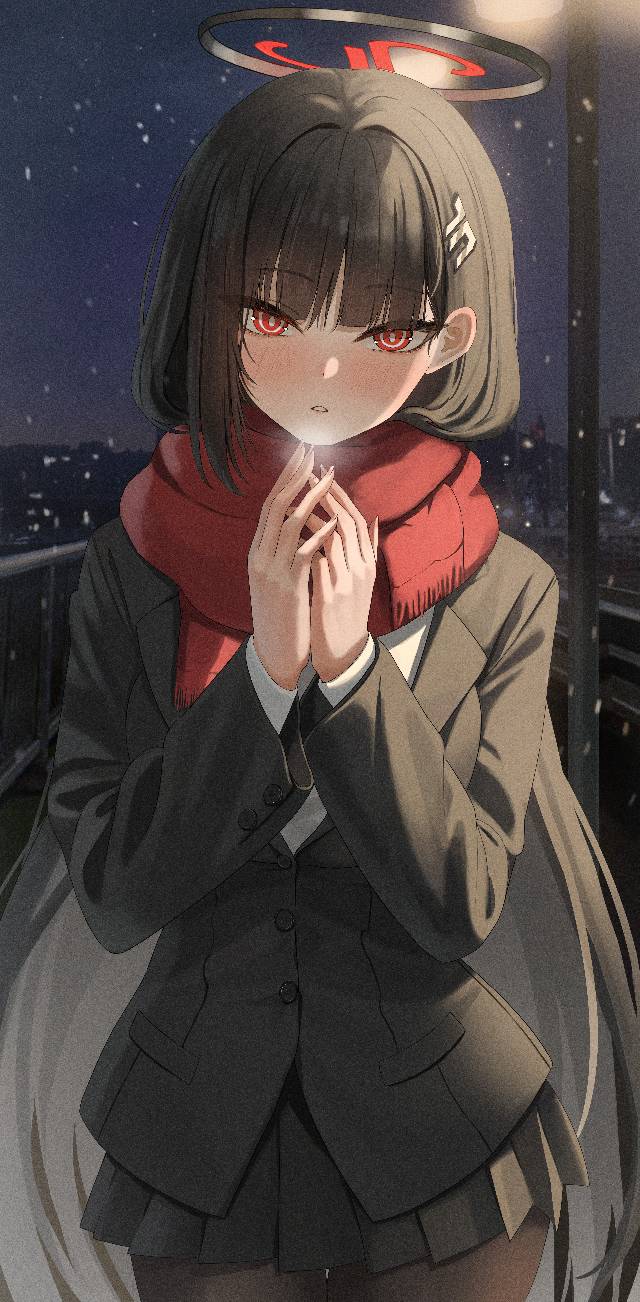 调月莉音, red eyes, winter, 女孩子, 碧蓝档案, 围巾, Blue Archive 1000+ users