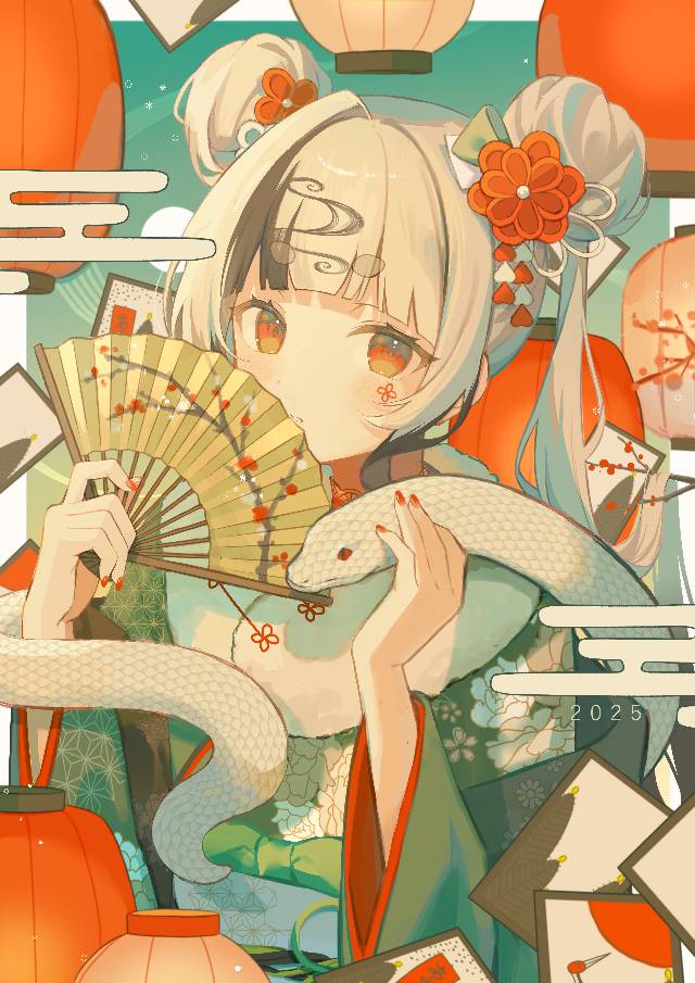 原创, 女孩子, young girl, New Year, 和服, snake, folding fan