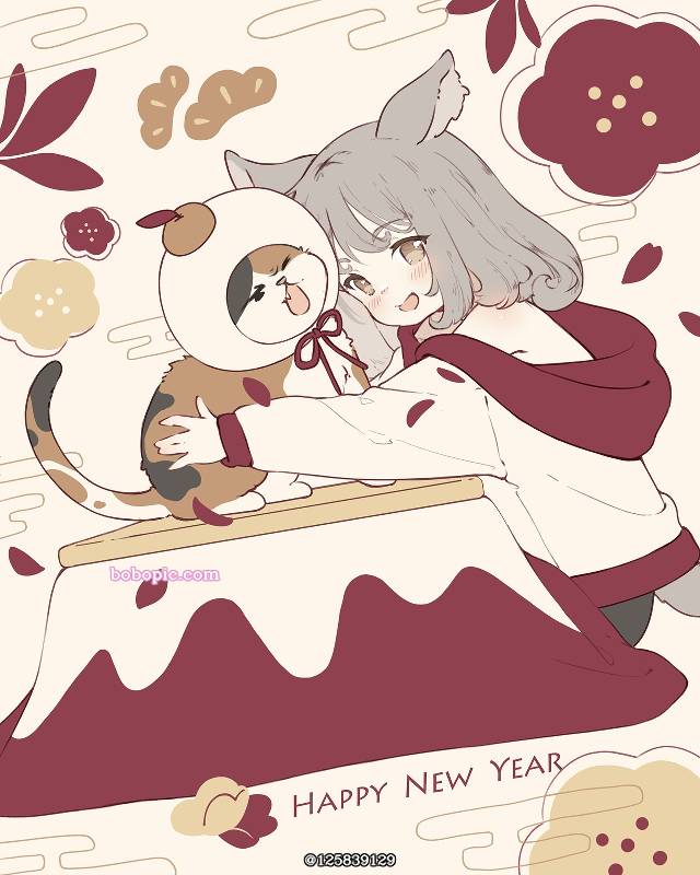 一张小女孩,贺年卡,兽耳,新年快乐,猫,原创绘画图片