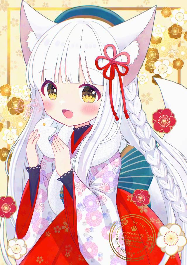 new year's picture, New Year, 狐狸, fox, fox ears, 白发, long white hair, 兽耳, kimono, 女孩子