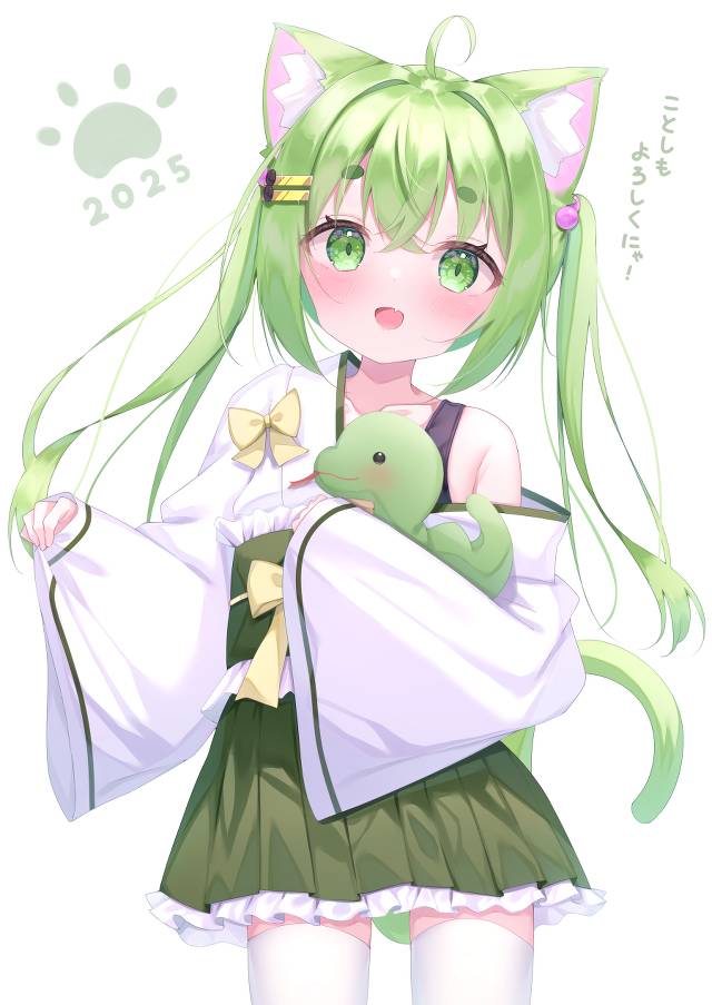 原创, cat ears, 兽耳, miko clothing, 学生泳衣, snake, 过膝袜, green hair