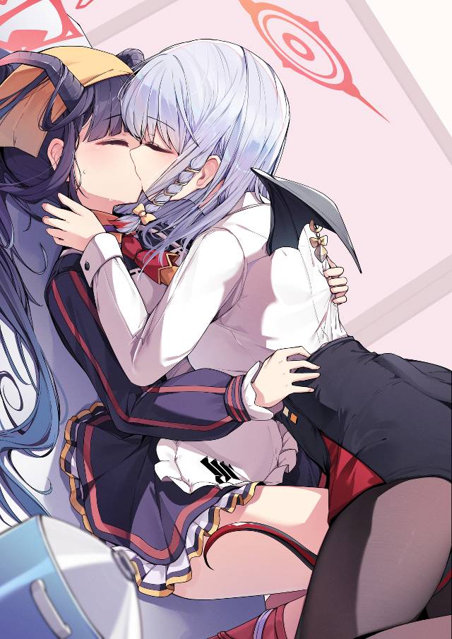 碧蓝档案, Kurotate Haruna, Aikiyou Fuuka, yuri, lesbian kiss, Aikiyou Fuuka/Kurotate Haruna