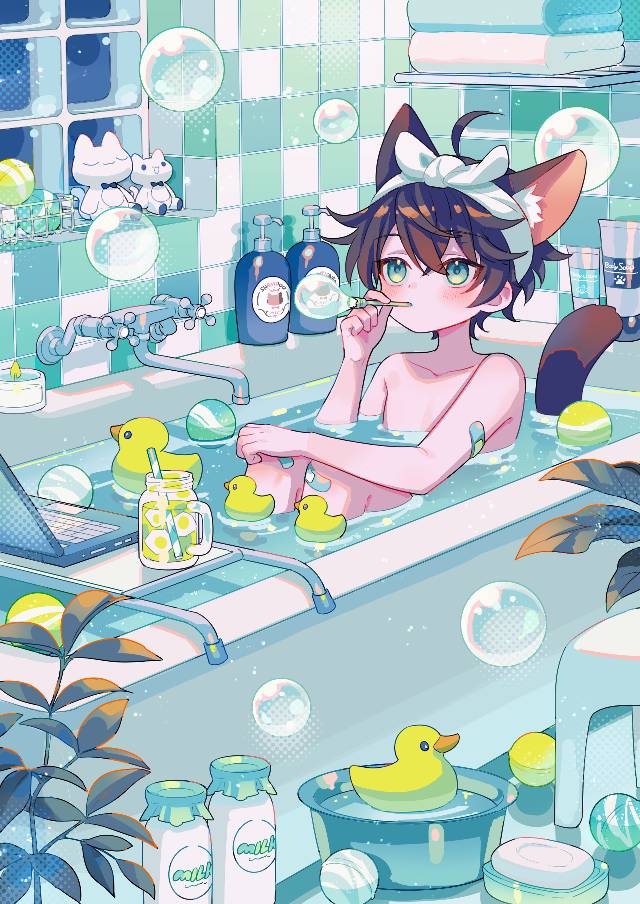 原创, 原创, 男孩子, bath, 兽耳