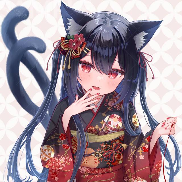 虚拟主播, cat ears, 尾巴, 和服, furisode