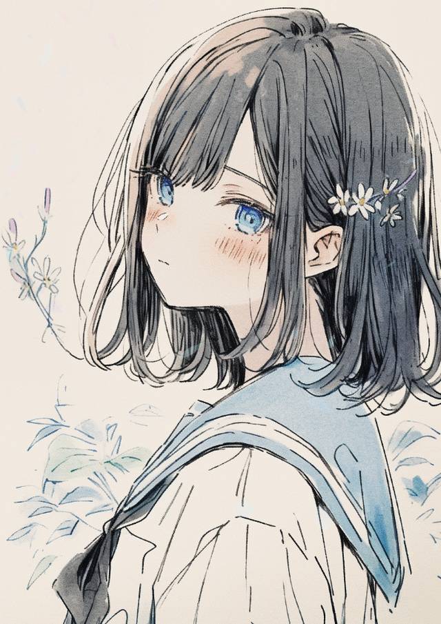 原创, flower, 蓝, 女孩子, 插画