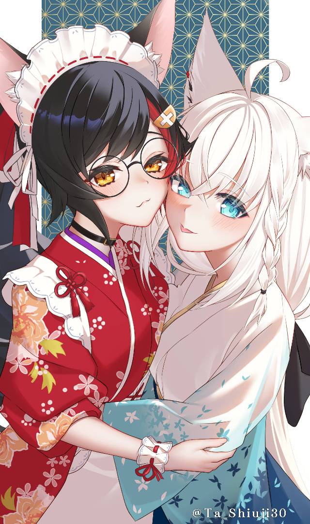 白上吹雪, 大神澪, 白上吹雪同人, Ookami Mio fanart, Hololive, New Year, 和服, Fubuki/Mio, Virtual YouTuber 1000+ bookmarks