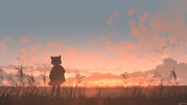 风景, 原创, landscape painting, 女孩子, 原创, 夕阳, 云, background, sky, silhouette