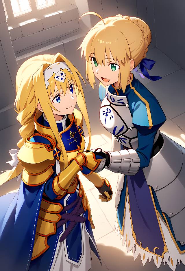 刀剑神域, 阿尔托利亚·潘德拉贡, 爱丽丝·滋贝鲁库, handshake, 跨界作品, AI 画作