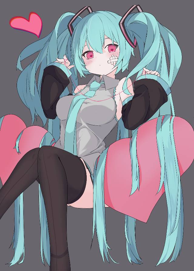 初音未来, Vocaloid, vocaloid, 女孩子, 双马尾, 黑丝袜, 绝对领域, 长发, heart eyes