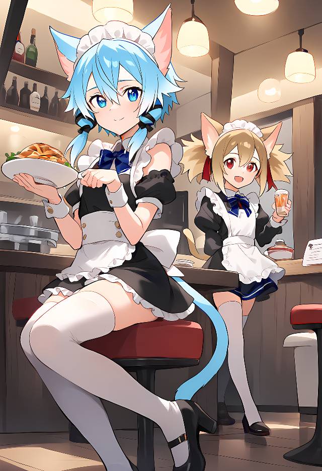 AI 画作, 刀剑神域, Sinon (SAO), 西莉卡（SAO）, 兽耳, 女仆, 女仆装