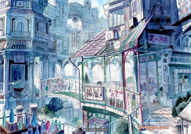 一张商店街,建筑,手绘,风景,透明水彩绘画图片