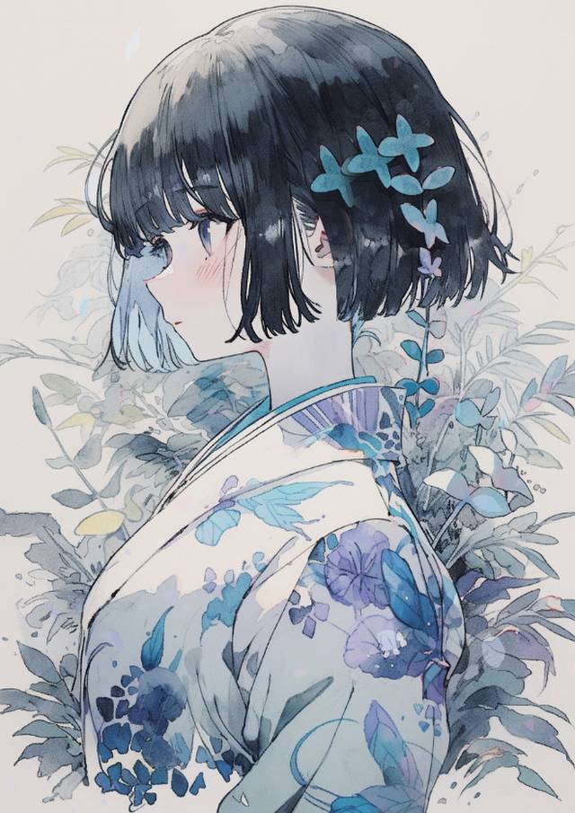 蓝, 女孩子, 原创, 黑发, flower, 插画