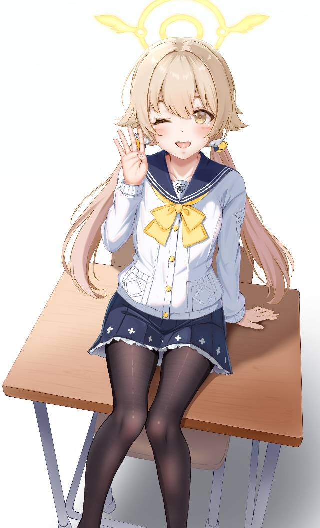 Ajitani Hifumi, 黑丝袜, 碧蓝档案, 抛媚眼, twin pig tails, 女校学生