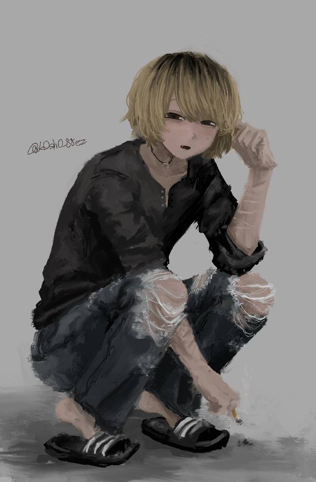 金发, original illustration, androgynous, 男孩子, 香烟