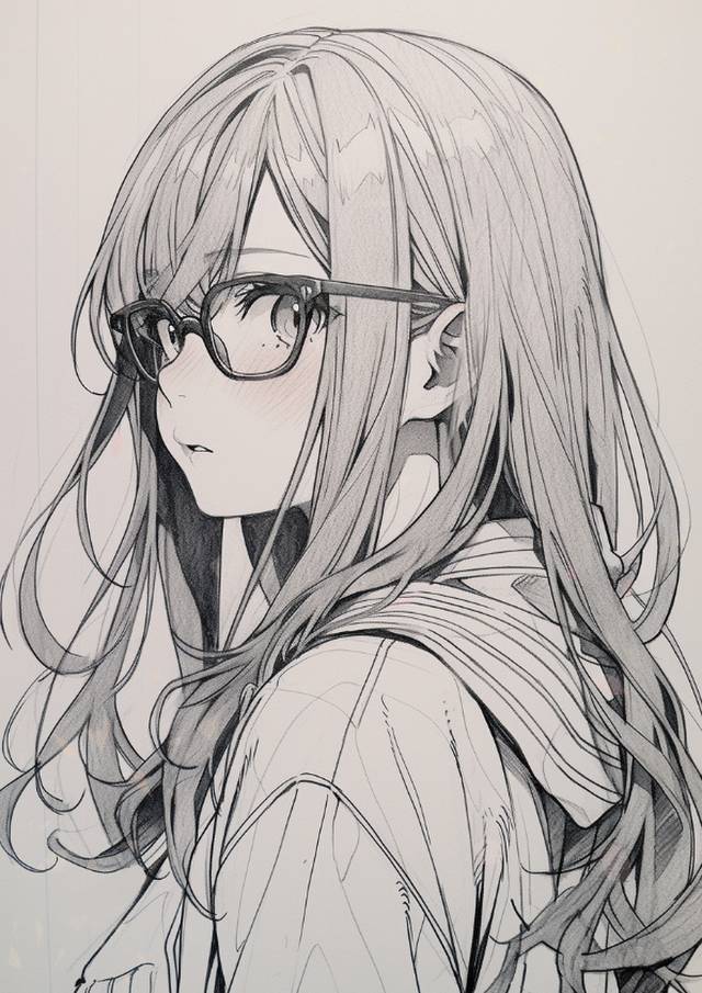 sketch, 眼镜, 女孩子, 原创, 插画, 草图