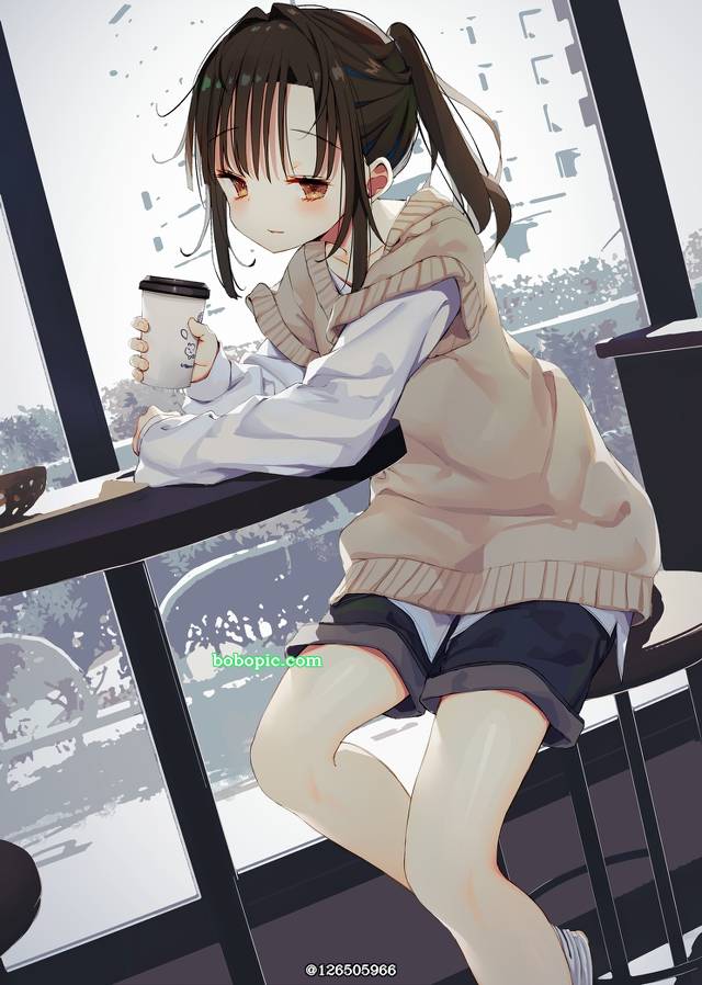 一张小女孩,短裤,咖啡店,咖啡,腿绘画图片