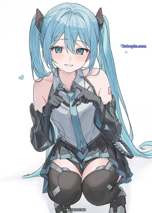 一张miku,双马尾,长手套,小女孩,蹲,双手比心,初音未来绘画图片