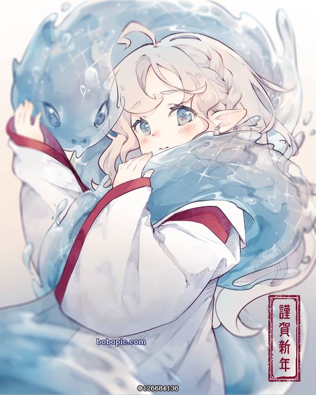 一张贺年卡,水中,巫女,新年快乐,蛇,少女,原创,水下绘画图片