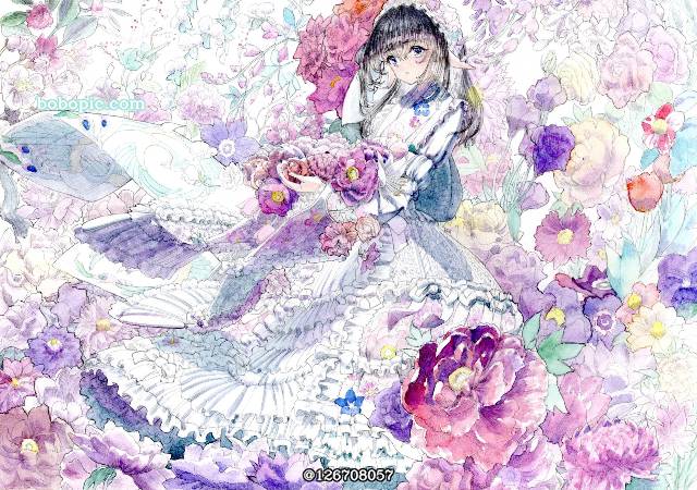 一张花,小女孩,手绘,和服礼服,精灵耳,透明水彩绘画图片