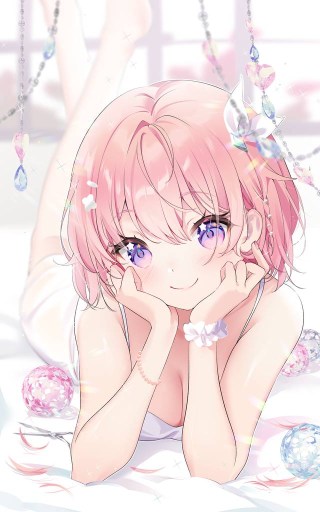 女孩子, 原创, jewel, 俯卧, 短发, 粉色头发