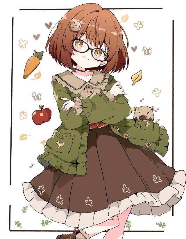 一张,少女,短发,眼镜,女孩,裙子绘画图片