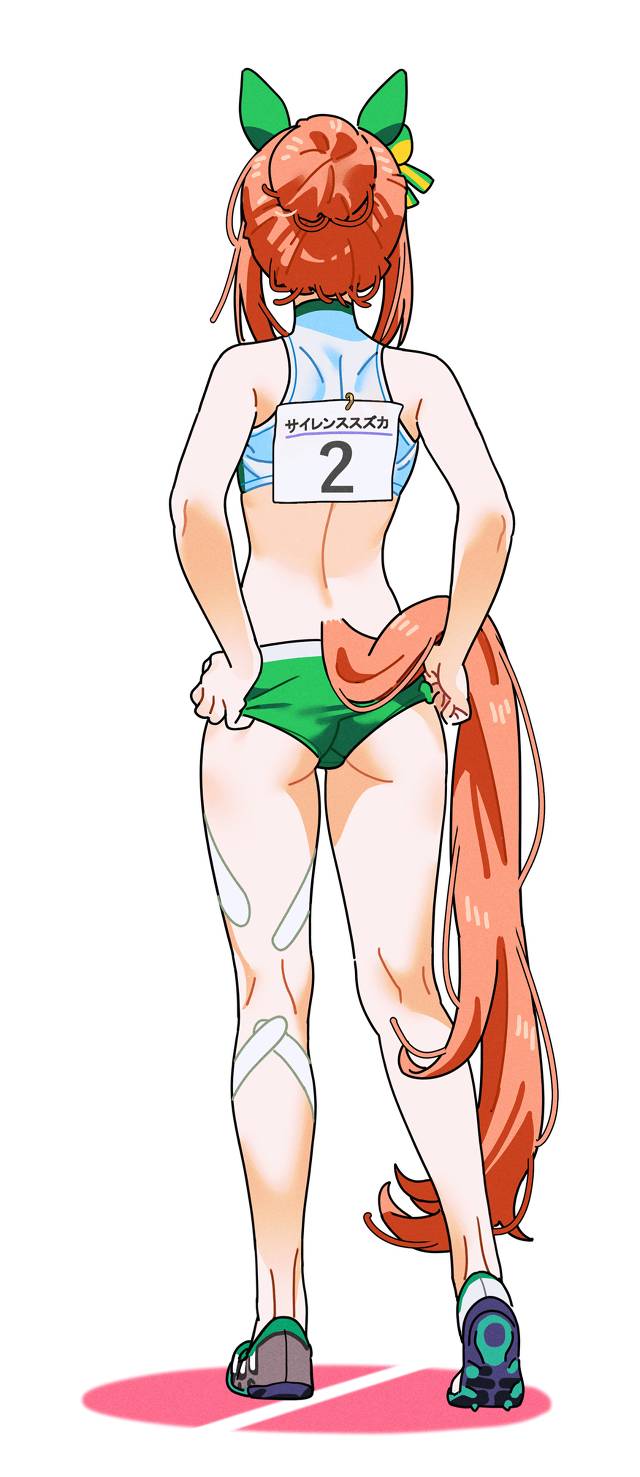 赛马娘Pretty Derby, 马娘, 无声铃鹿（赛马娘）, two-piece gym uniform, track uniform, 背影, pulling a wedgie, 赛马娘Pretty Derby 1000收藏