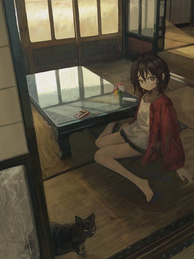 女孩子, 原创, young girl, background, Japanese-style room, 黑猫