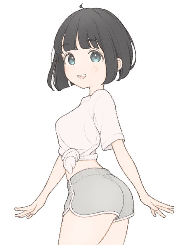 原创, 女孩子, pose, black bob hair, 屁股, 热裤, tied hem